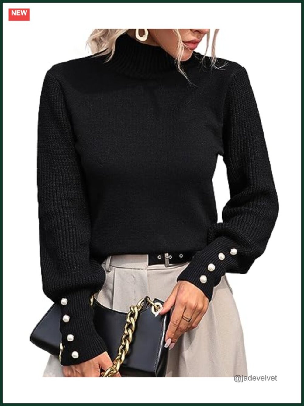 Women Mock Turtleneck Knitted Pullover Sweater Lantern Sleeve Buttons Loose Fit